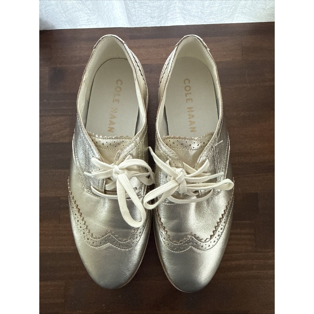 Cole Haan Grand City Womens Platform Oxford Shoes 8.5 Gold Talca Ivory Leather - Picture 2 of 9